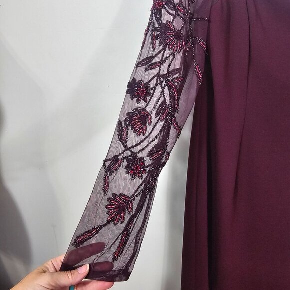 Adrianna Papell Beaded Mermaid Dress Gown Sz 16 Burgundy Mesh Sleeves Formal - Picture 6 of 16